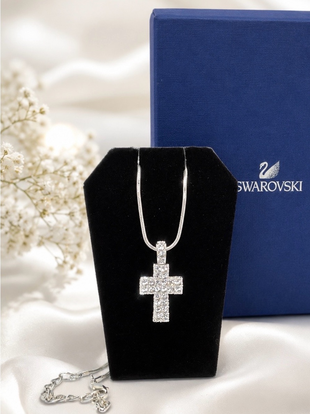 Swarovski Silver Crystal Cross Pendant Necklace - Clear Crystals